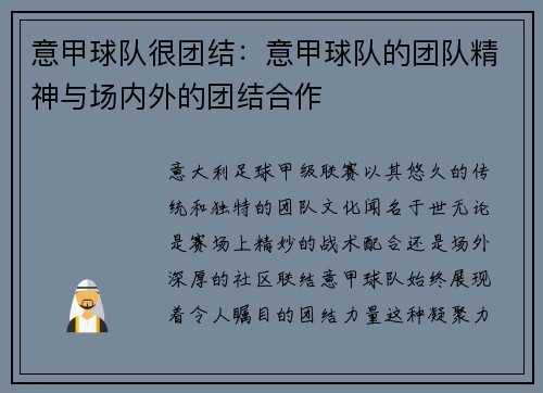 意甲球队很团结：意甲球队的团队精神与场内外的团结合作