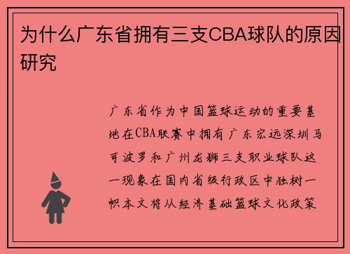 为什么广东省拥有三支CBA球队的原因研究